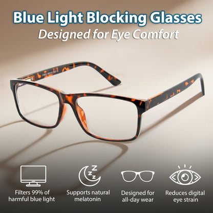Blue light blocking glasses with features listed on a gradient background