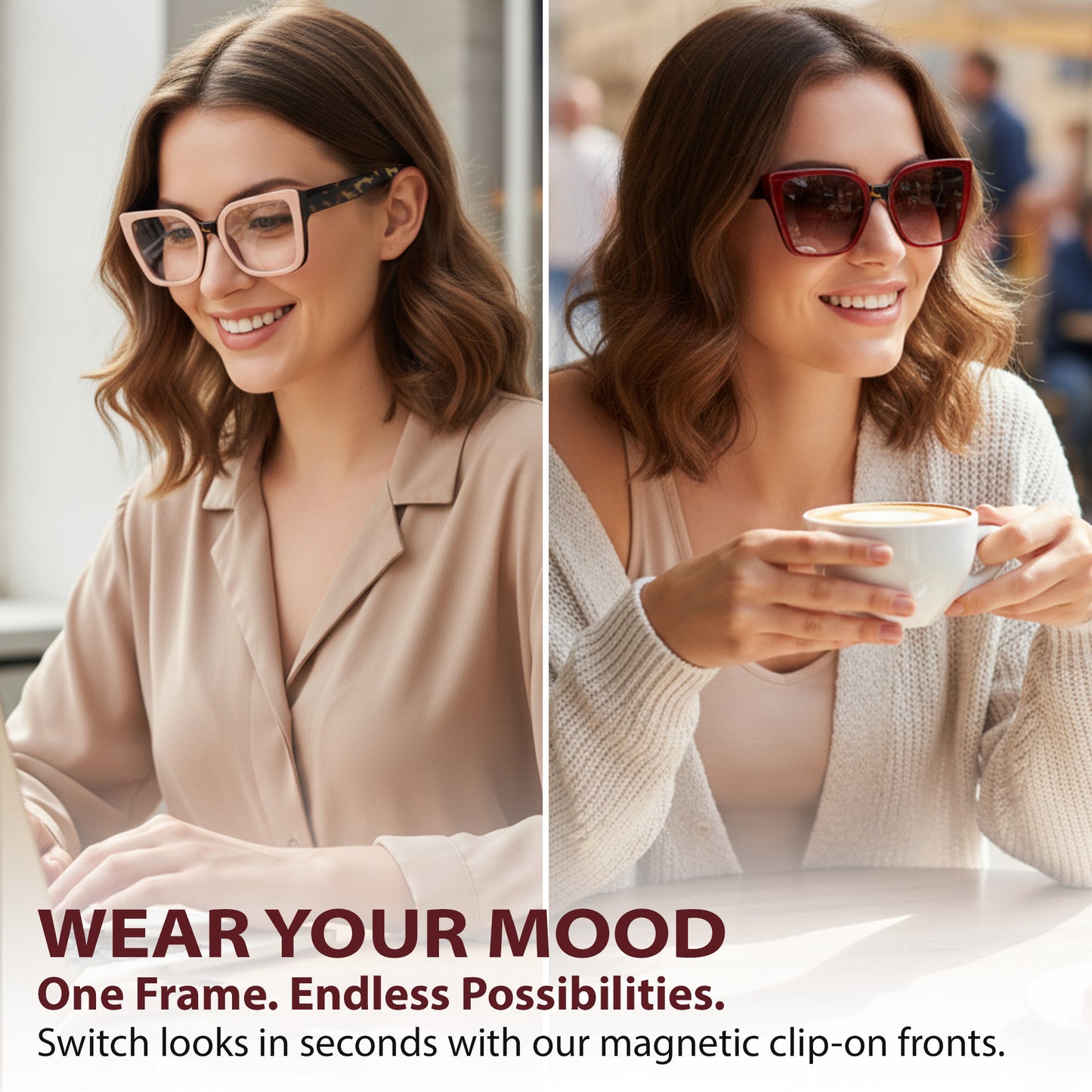 Two images of a woman wearing glasses and sunglasses with text about magnetic clip-on fronts.