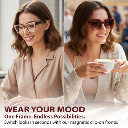 Two images of a woman wearing glasses and sunglasses with text about magnetic clip-on fronts.