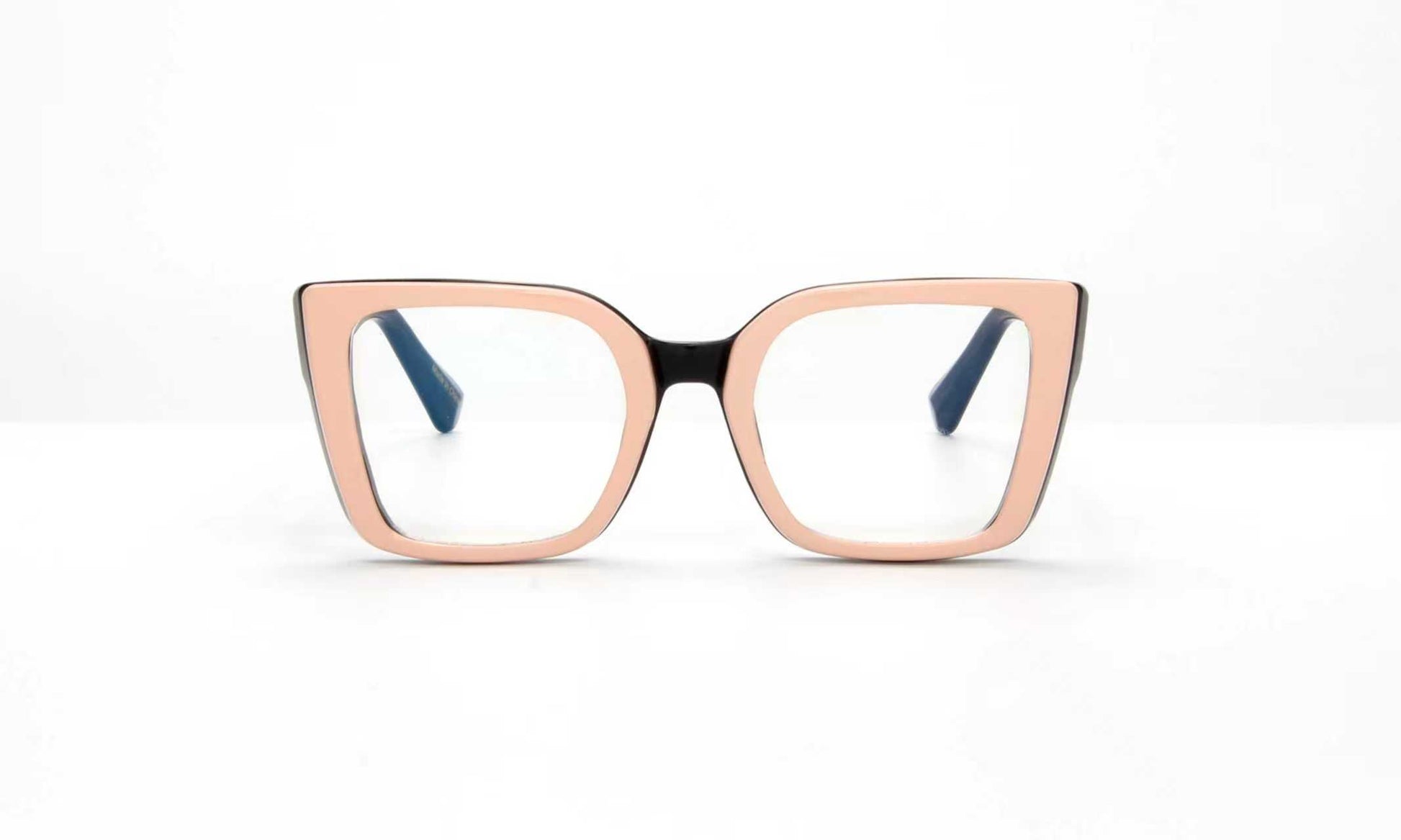 Eyeglasses with a rose gold frame on a white background