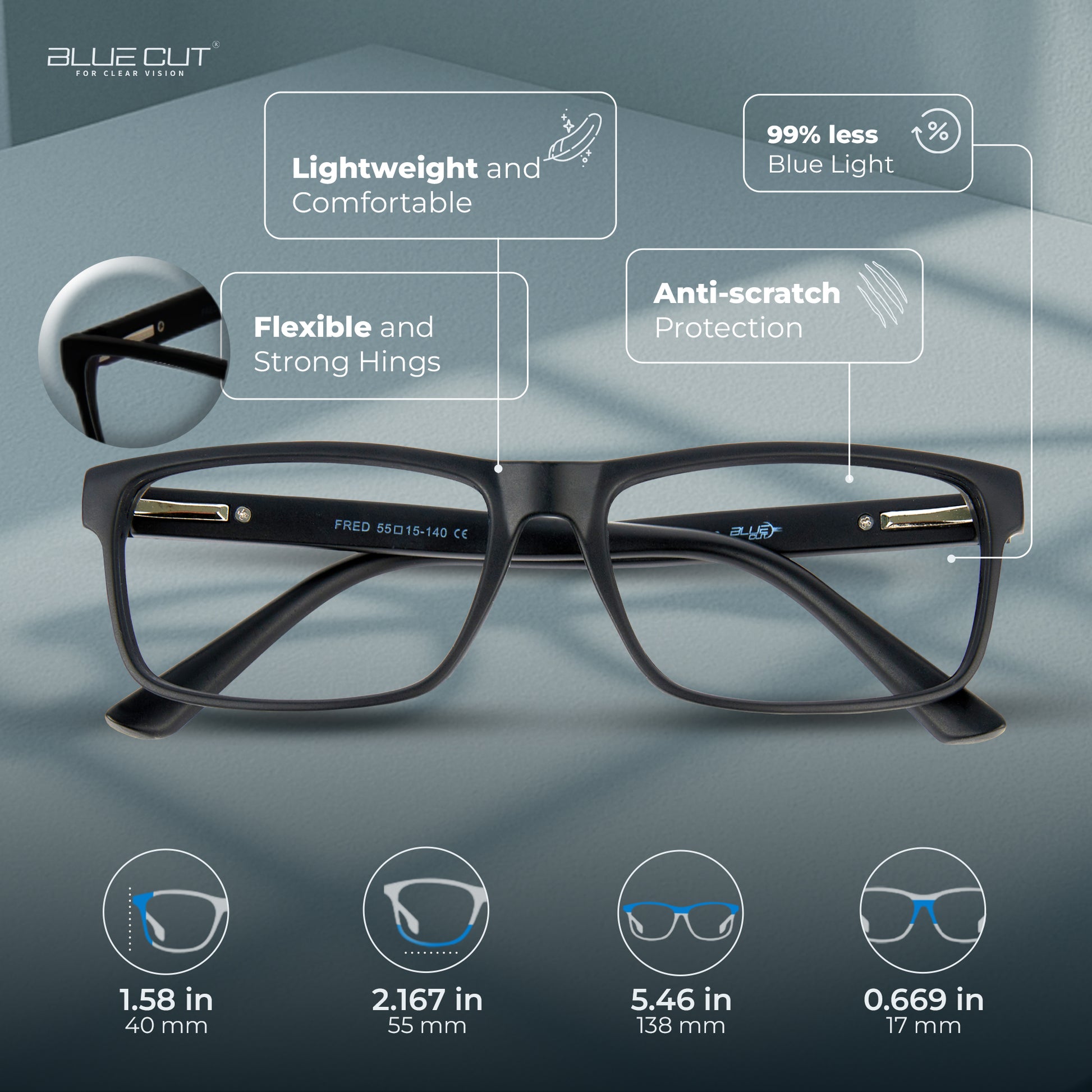 Black eyeglasses with features highlighted on a gray background