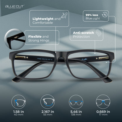 Black eyeglasses with features highlighted on a gray background