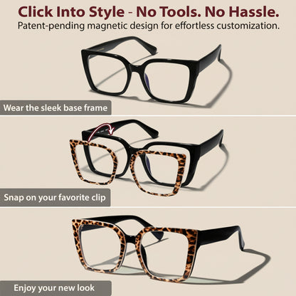 Glasses with a sleek base frame and customizable leopard print clips on a beige background.