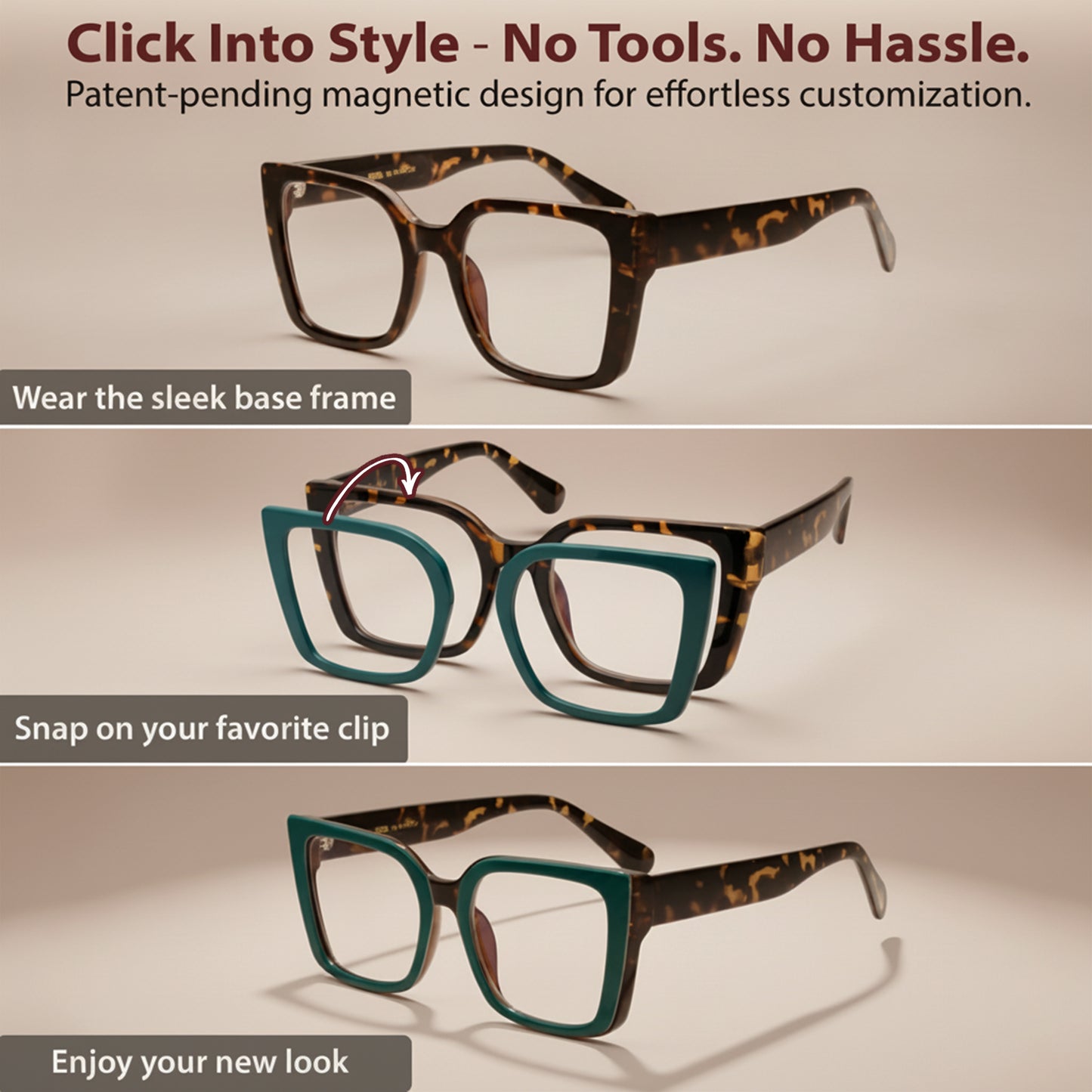 Eyeglasses with customizable clips on a beige background