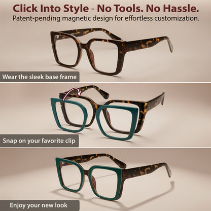 Eyeglasses with customizable clips on a beige background