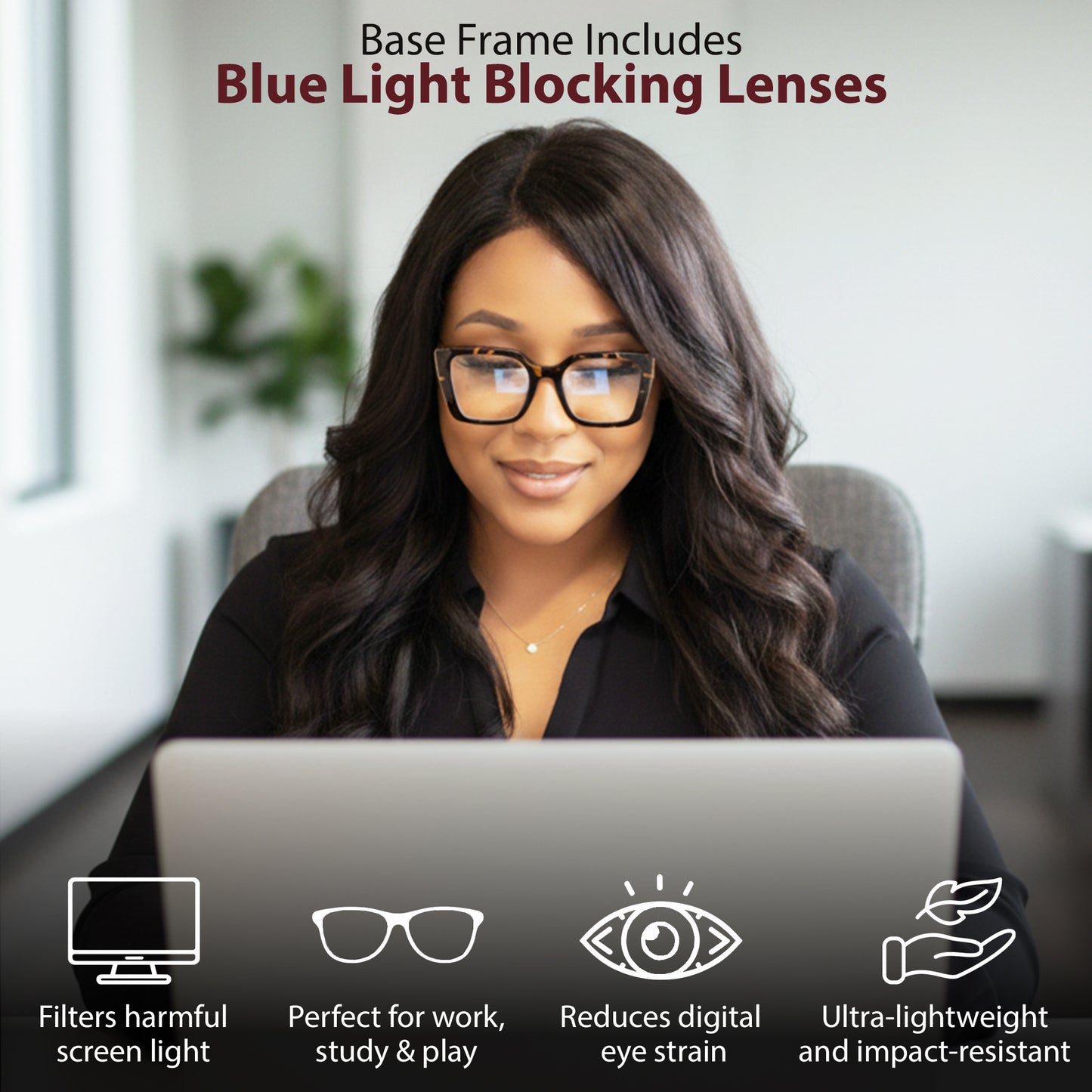 Woman wearing glasses with text about blue light blocking lenses and product features.