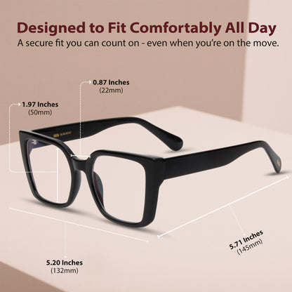 Black eyeglasses with measurements on a beige background