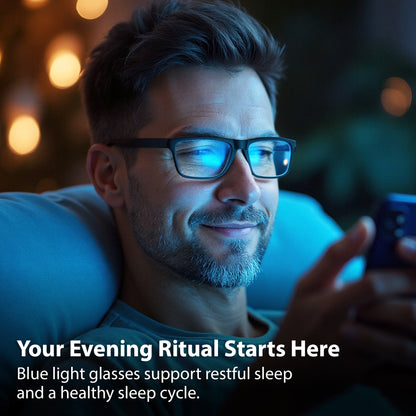 Man wearing blue light glasses using a phone with text about sleep support.