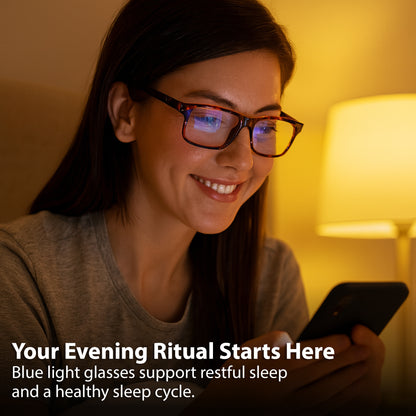 Woman wearing glasses using a phone with text about blue light glasses.