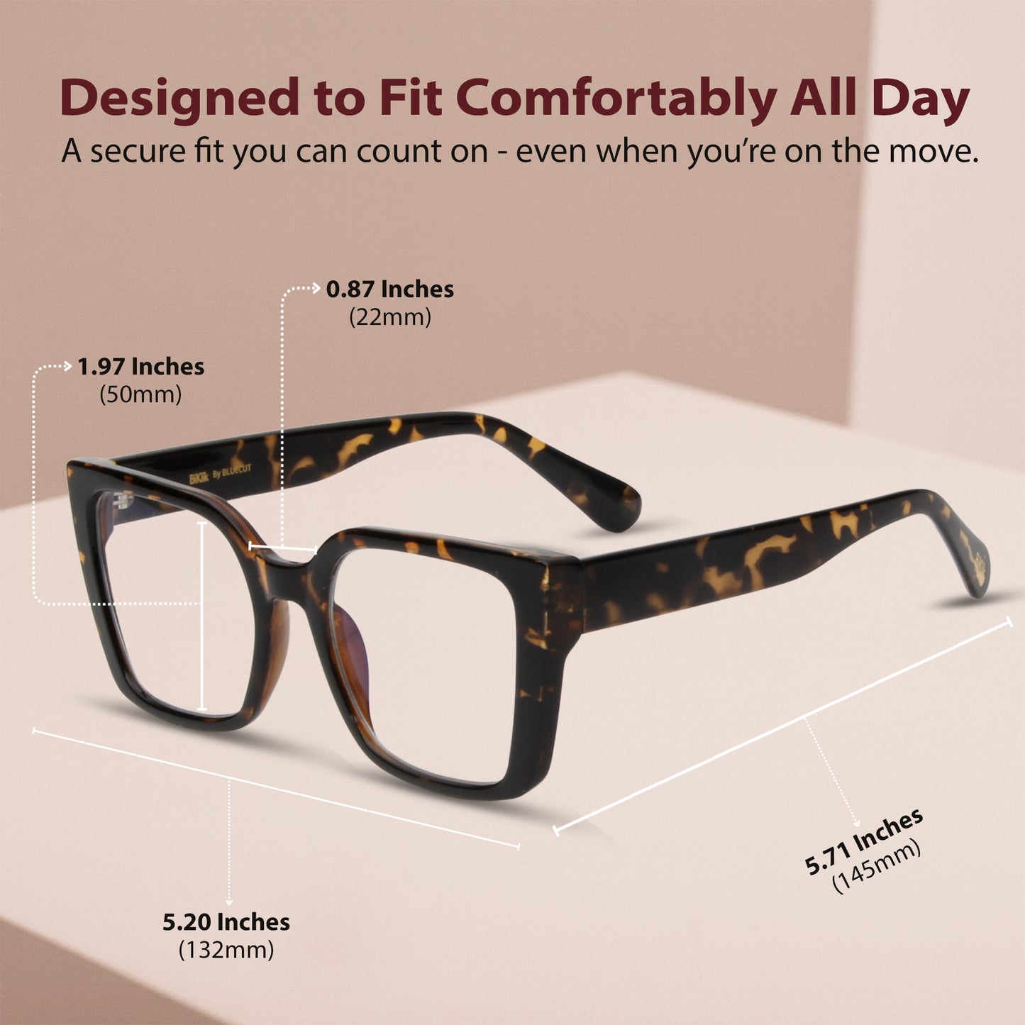 Leopard print eyeglasses with measurements on a beige background