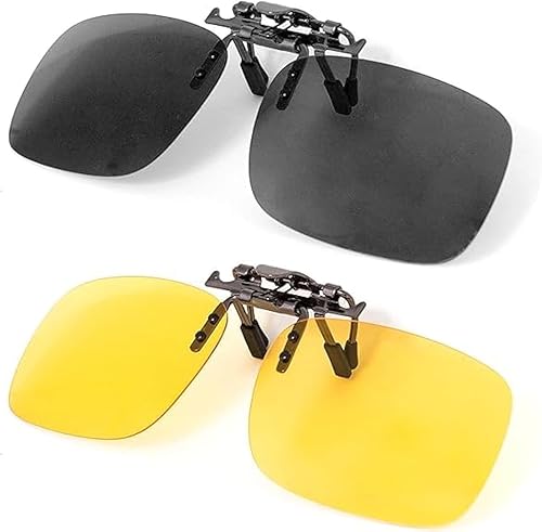Black and yellow clip-on sunglasses on a white background