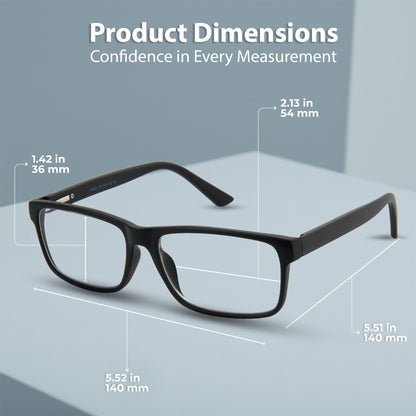 Black eyeglasses with measurements on a gray background