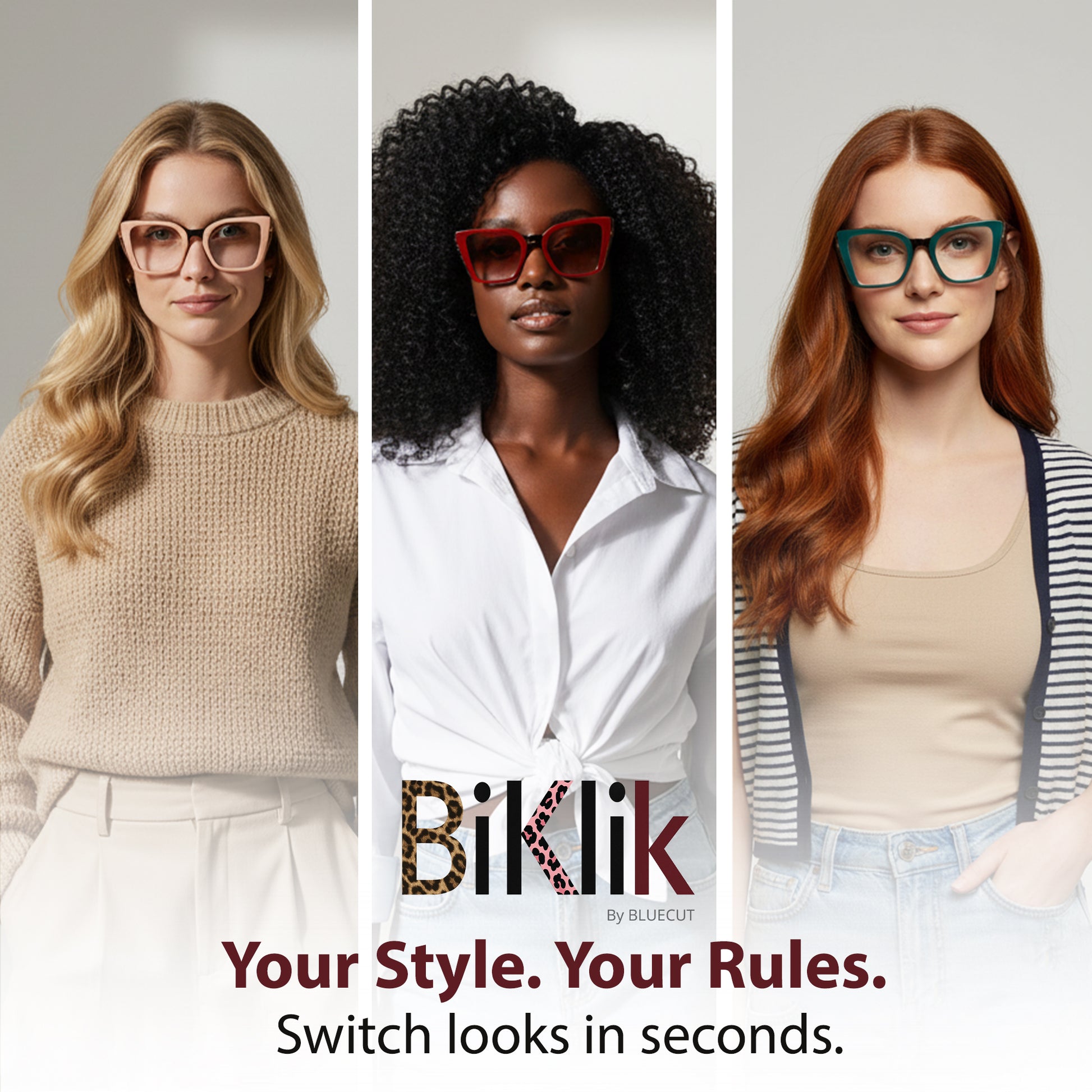 Three women wearing glasses with the brand 'Biklik' displayed.