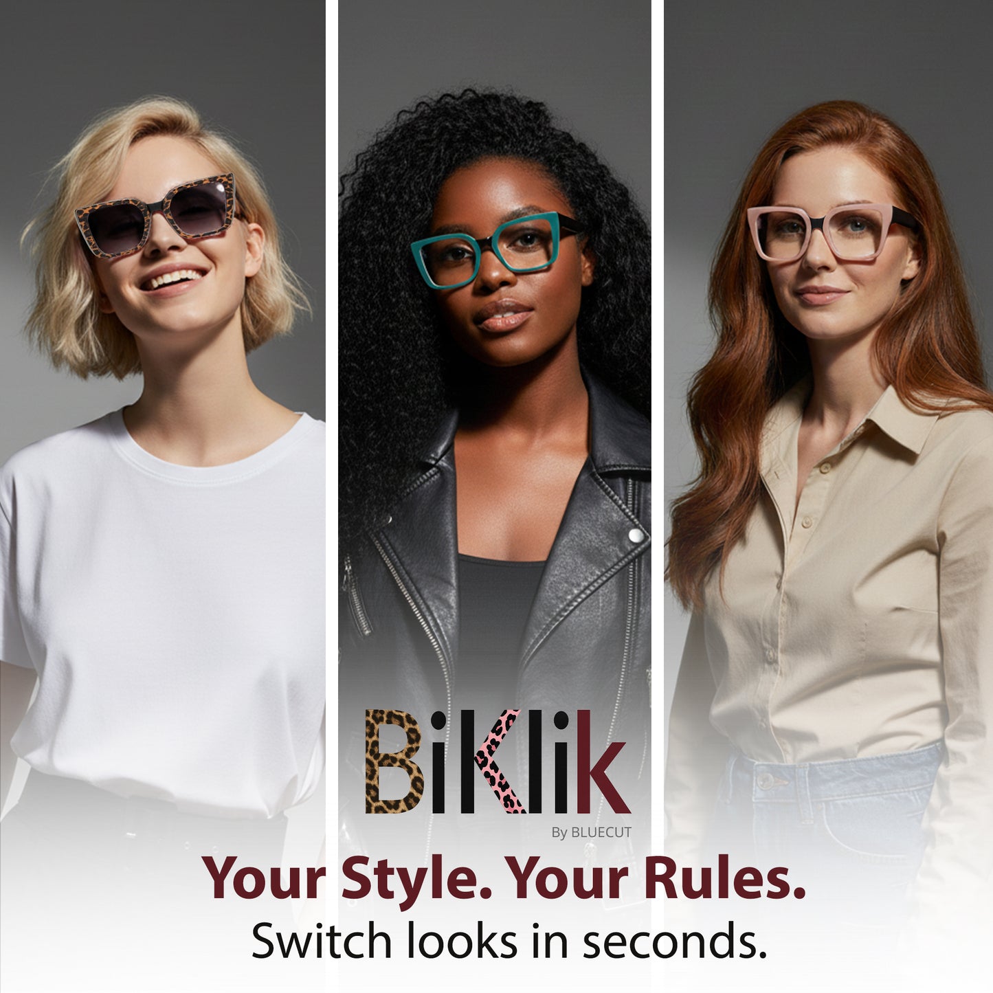 Three women wearing glasses with the brand 'Biklik' displayed.