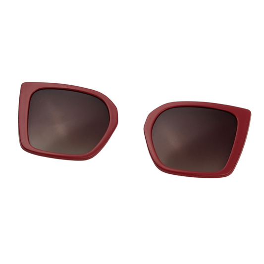 Red-framed sunglasses with dark lenses on a white background
