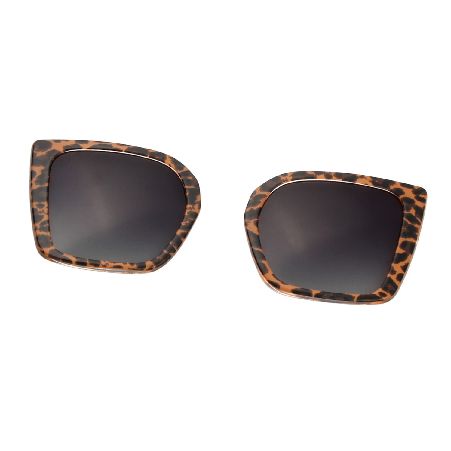 Pair of sunglasses with leopard print frames on a white background
