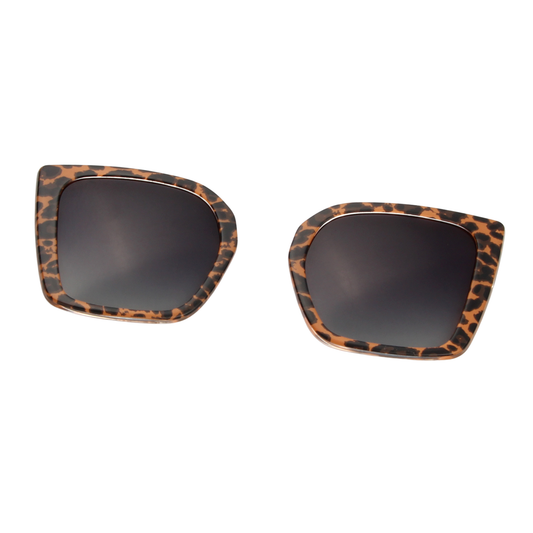 Pair of sunglasses with leopard print frames on a white background