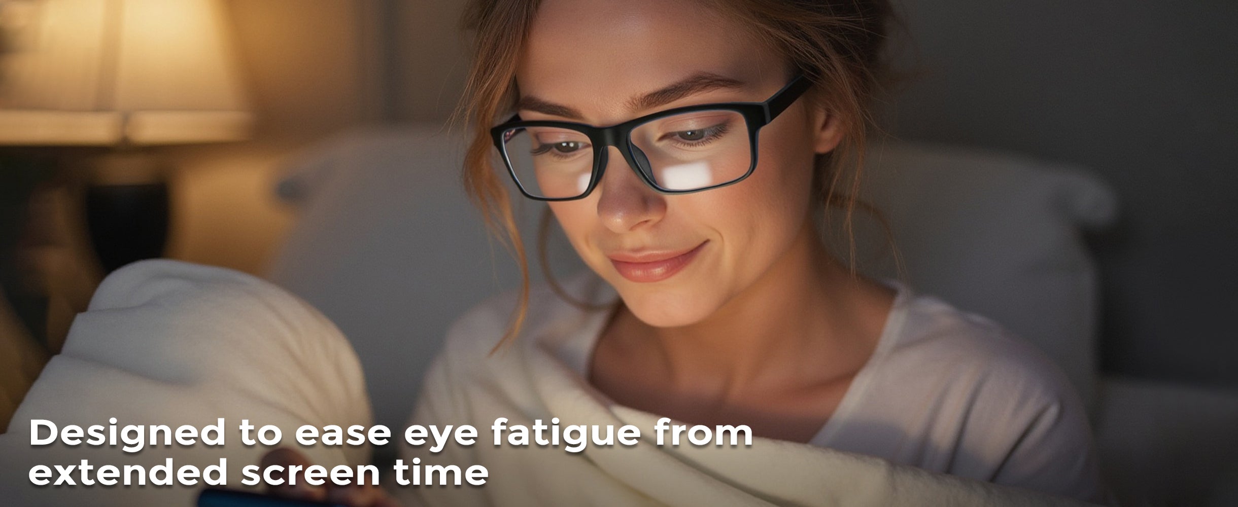 Woman wearing glasses in a dimly lit room with text about eye fatigue from screen time.