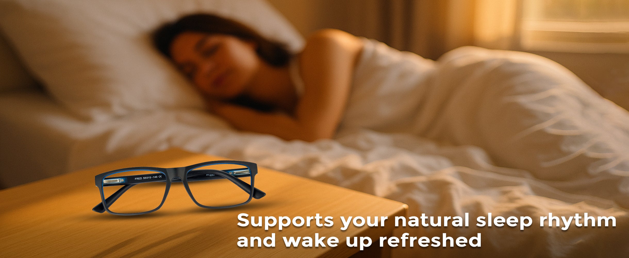 Woman sleeping in bed with glasses on a nightstand, text about sleep support.