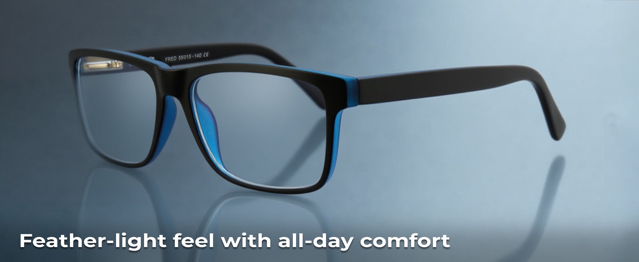 Black eyeglasses on a gradient blue background with text 'Feather-light feel with all-day comfort'.