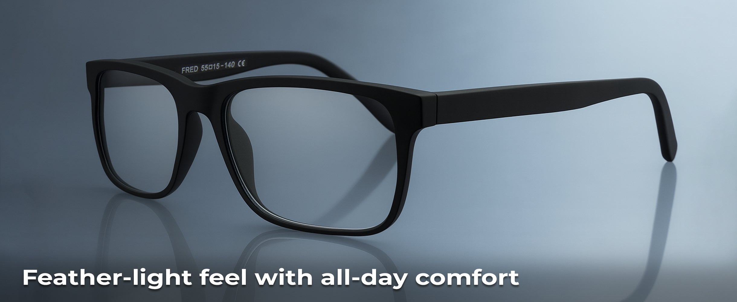 Black eyeglasses on a reflective surface with a light blue gradient background