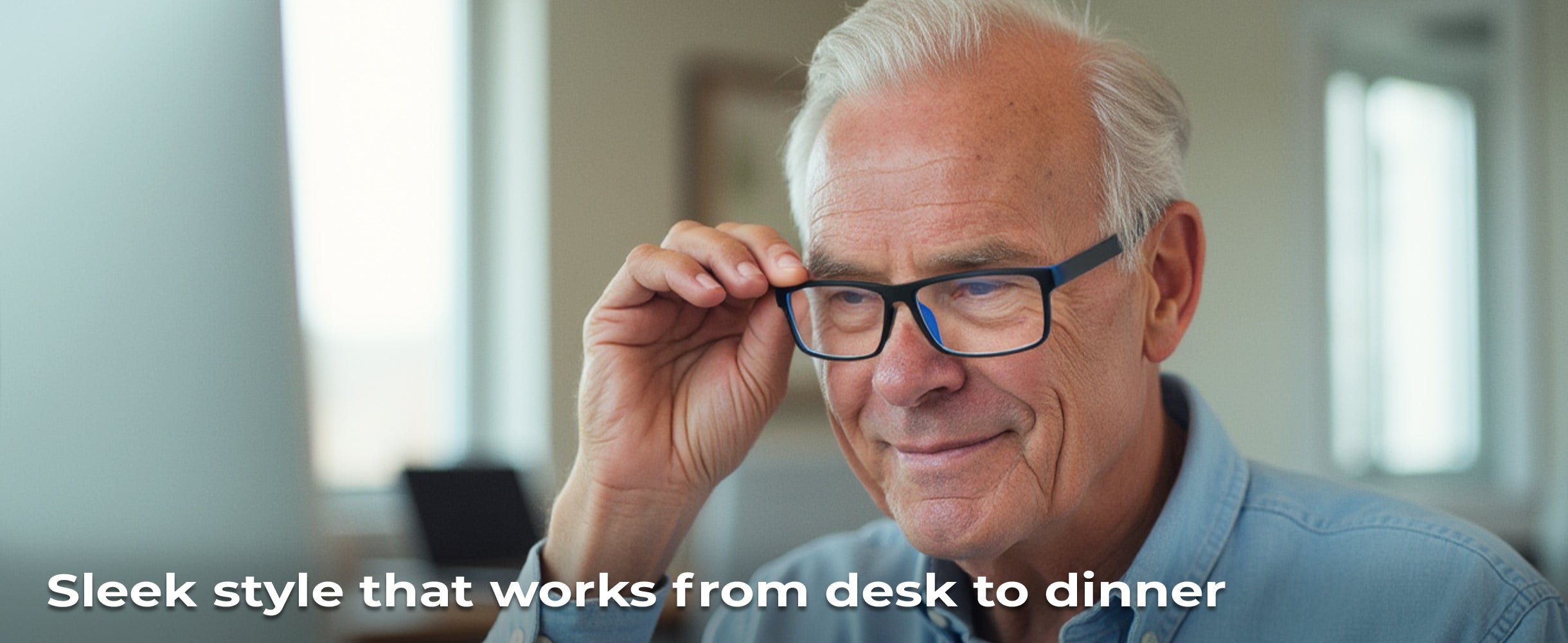 Man adjusting glasses with text 'Sleek style that works from desk to dinner' in a blurred indoor setting
