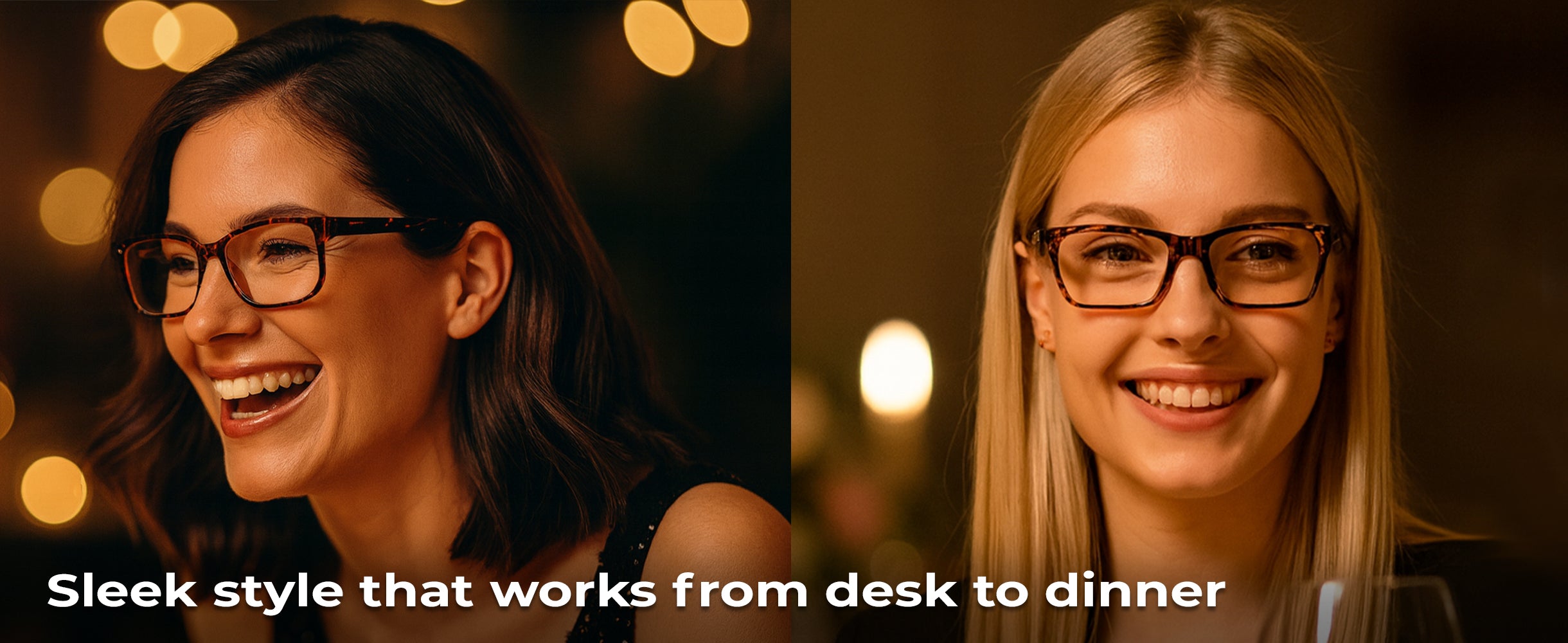 Two women wearing glasses with a warm, blurred background and text overlay.