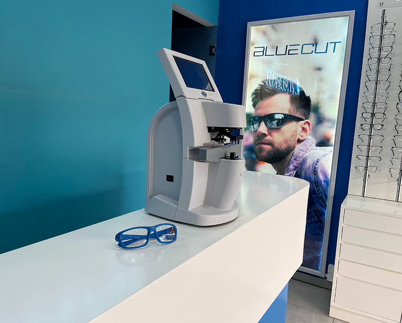 BlueCut optical equipment and glasses in the optical lab.