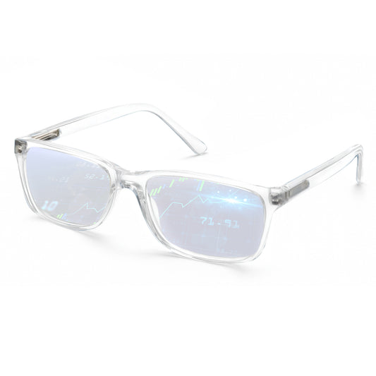 Clear-framed sunglasses with blue-tinted lenses on a white background