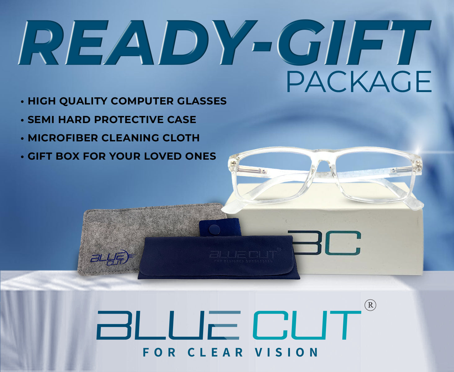 Blue Cut computer glasses with case, cleaning cloth, and gift box on a blue background