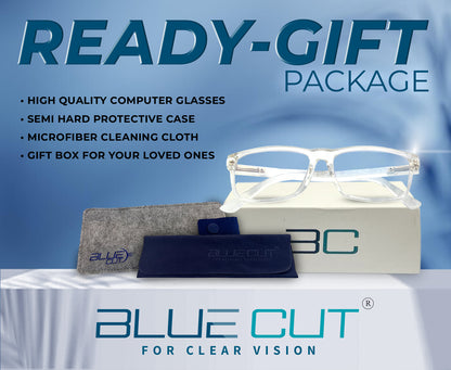 Blue Cut computer glasses with case, cleaning cloth, and gift box on a blue background
