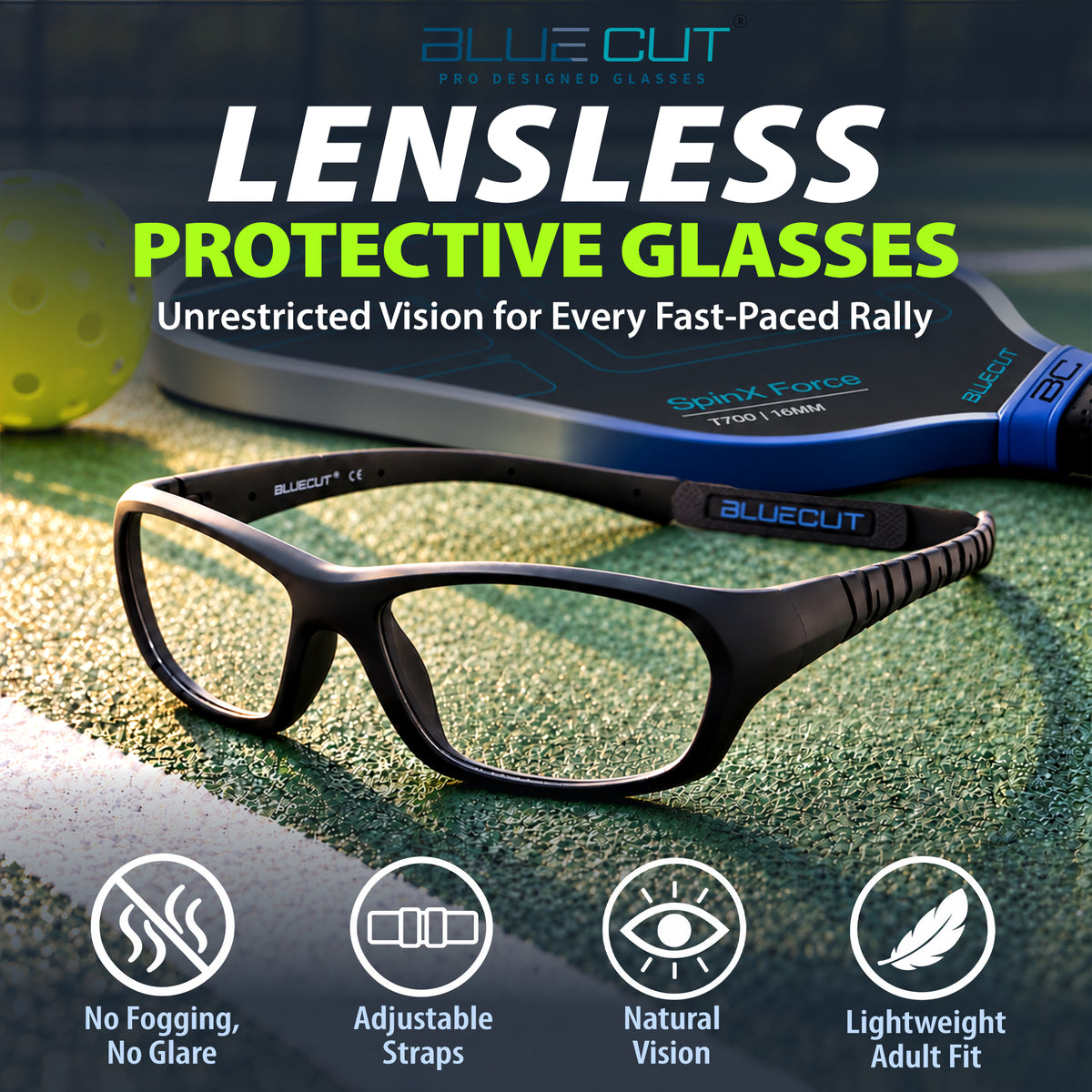 STEPH Lensless Pickleball Glasses (Black-Black)
