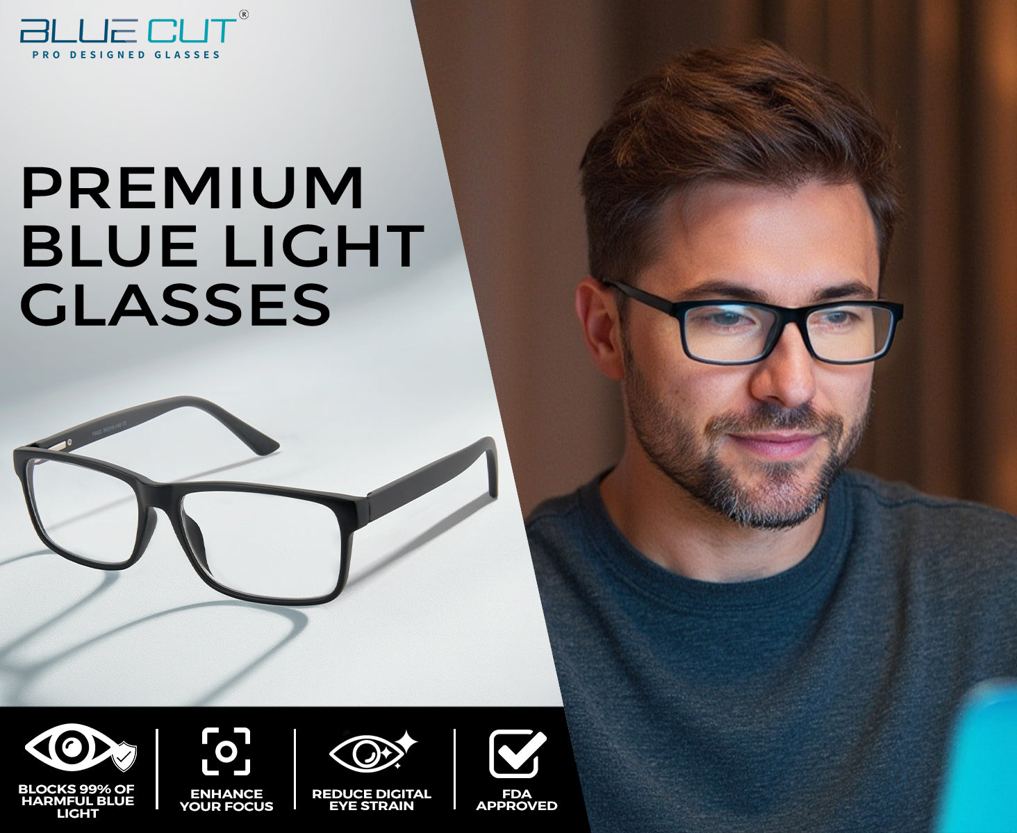 Man wearing premium blue light glasses with product details on a white background
