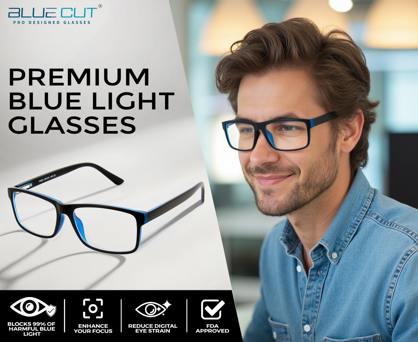 Man wearing blue light glasses with product packaging and features displayed.