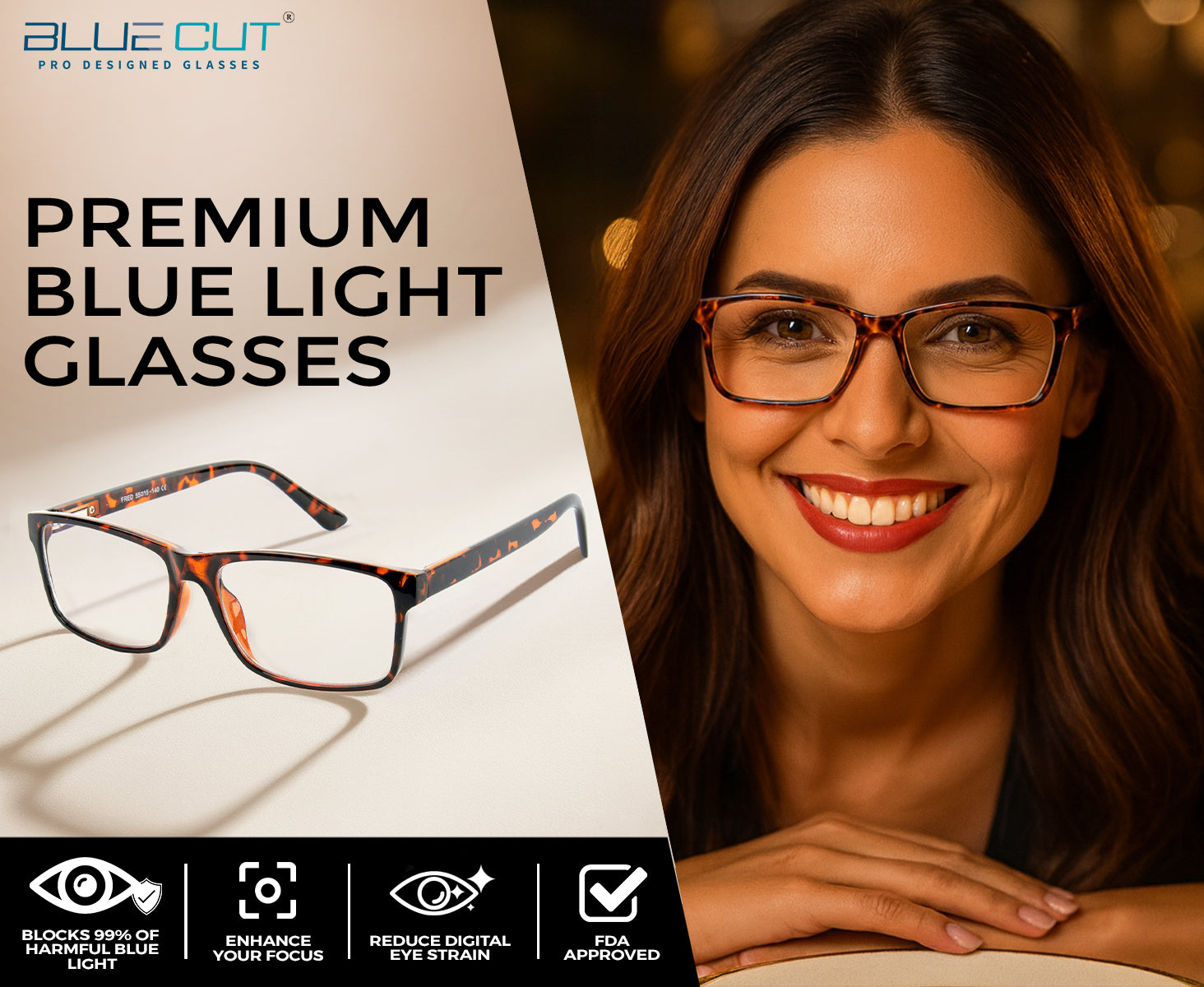 Woman wearing premium blue light glasses with product details on a white background