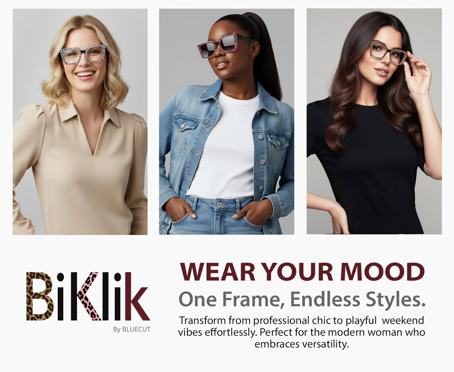 Three women wearing glasses with the Biklik logo and text about versatile eyewear.