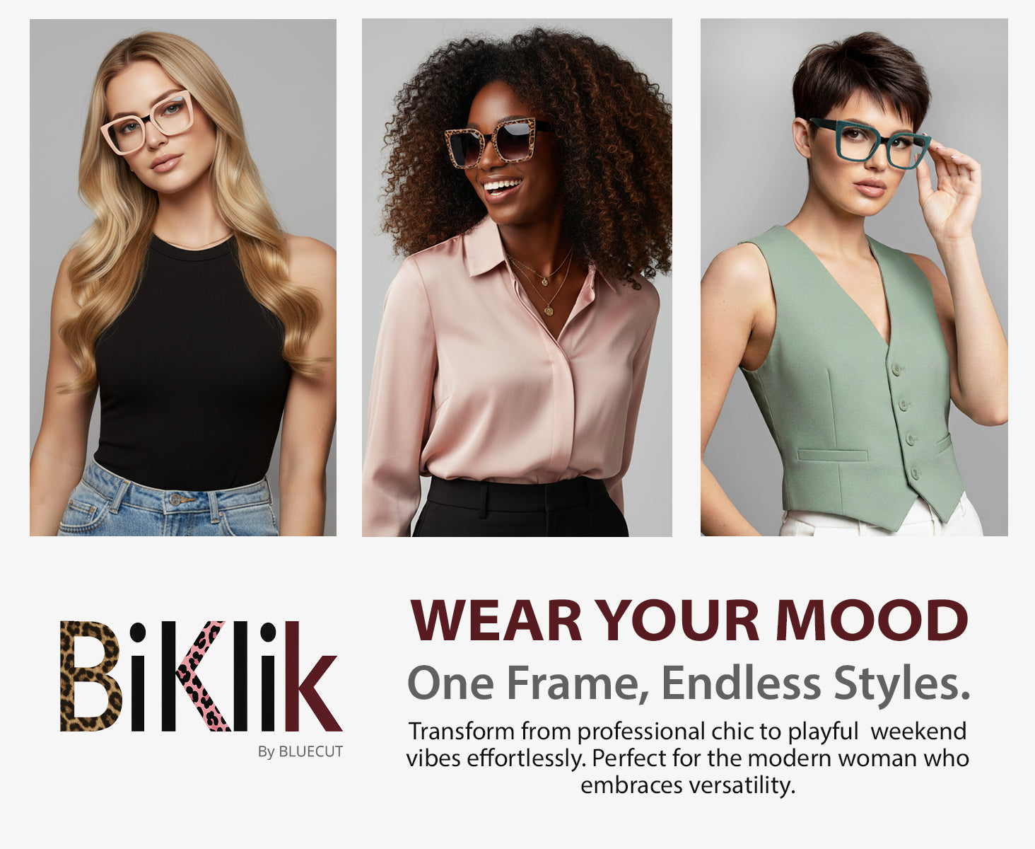 Three women wearing glasses with the Biklik brand logo and tagline.