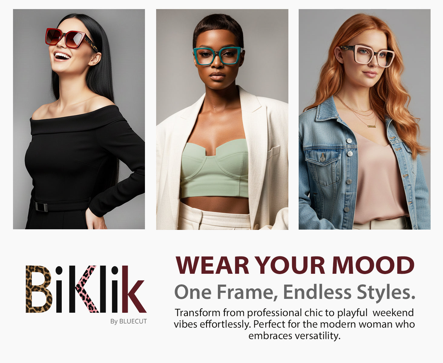 Three women wearing glasses with the Biklik brand logo and tagline.
