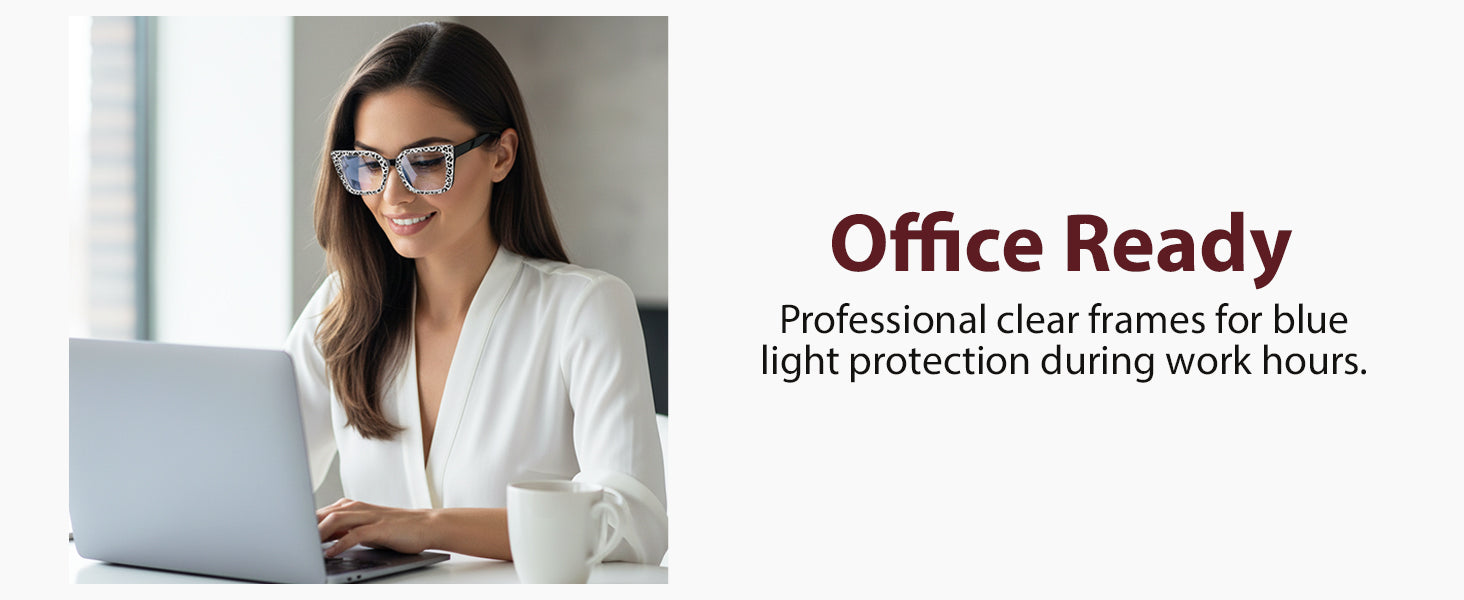 Woman using a laptop with text about office-ready blue light protection glasses.