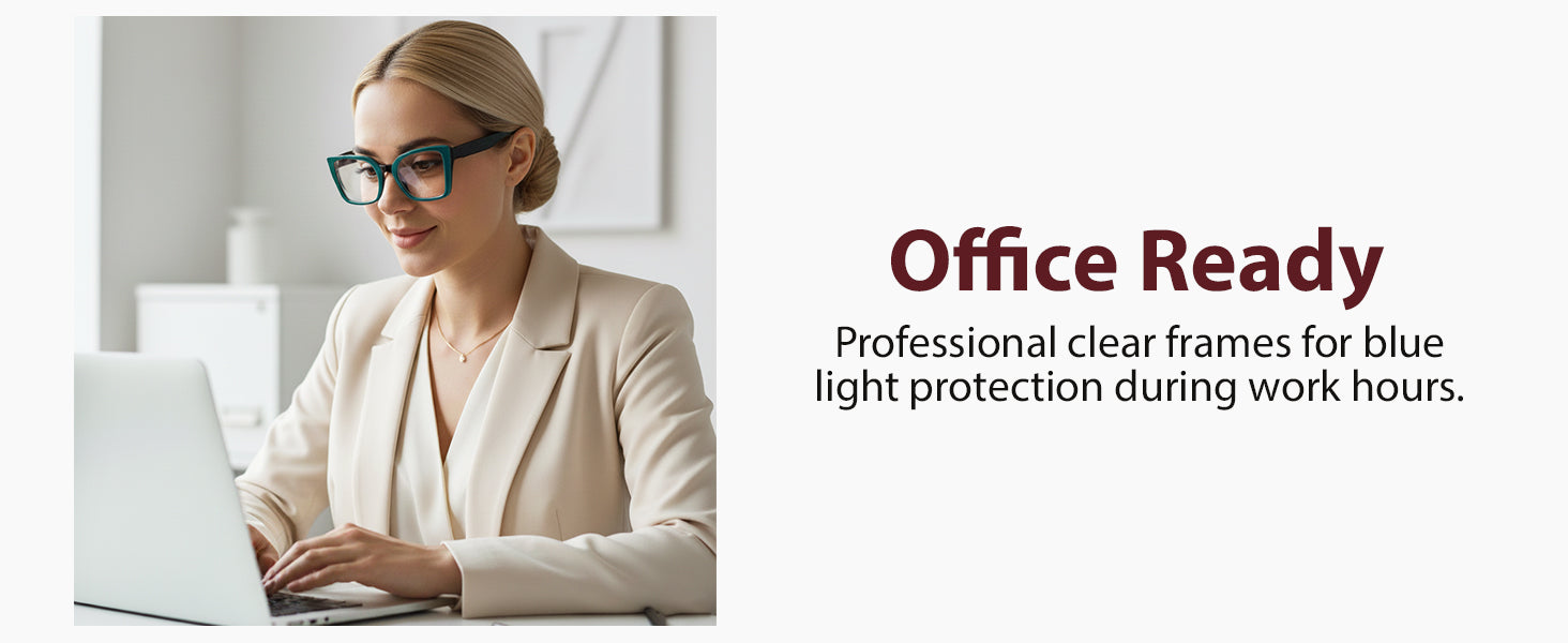 Woman wearing glasses working on a laptop with text about blue light protection.