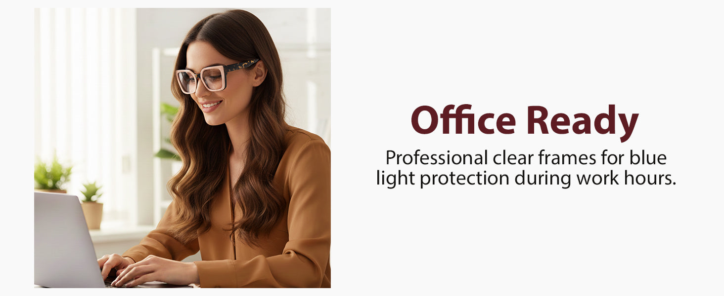 Woman wearing glasses working on a laptop with text about blue light protection.