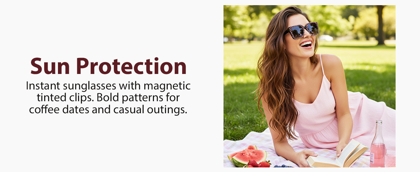 Woman in sunglasses and pink dress sitting on grass with text about sun protection sunglasses.