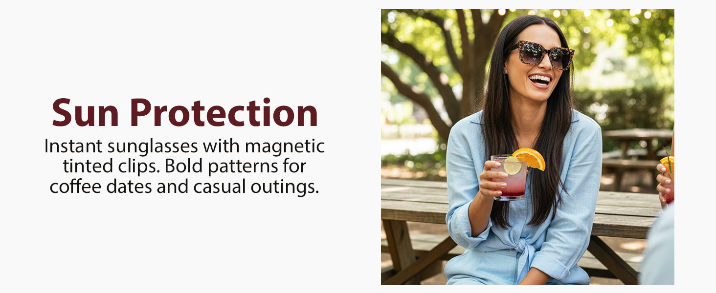 Woman sitting on a bench with sunglasses and a drink, promoting instant sunglasses with magnetic tinted clips.