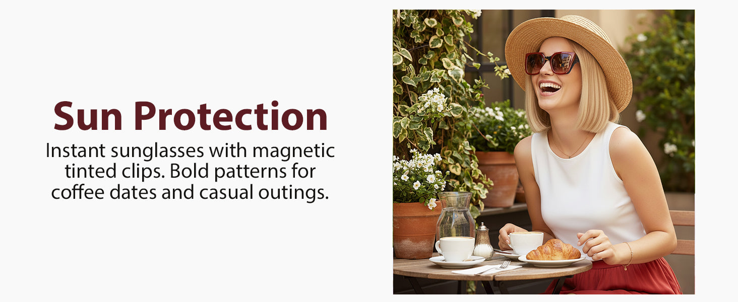 Woman sitting outdoors with sunglasses, text about sun protection and sunglasses.