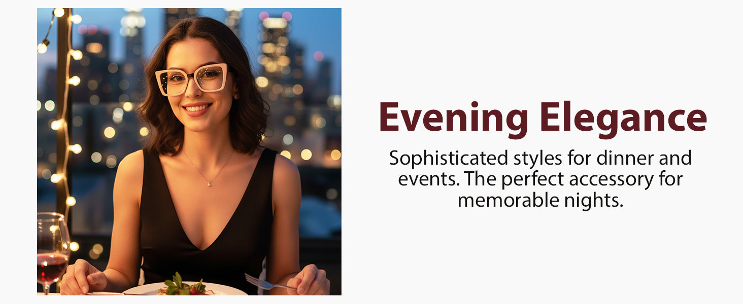 Woman in a black dress with glasses in an evening setting, text 'Evening Elegance' and description.