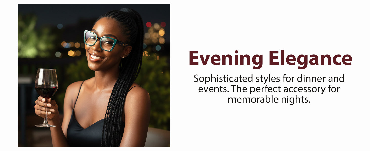 Woman holding a glass of wine with 'Evening Elegance' text and description.