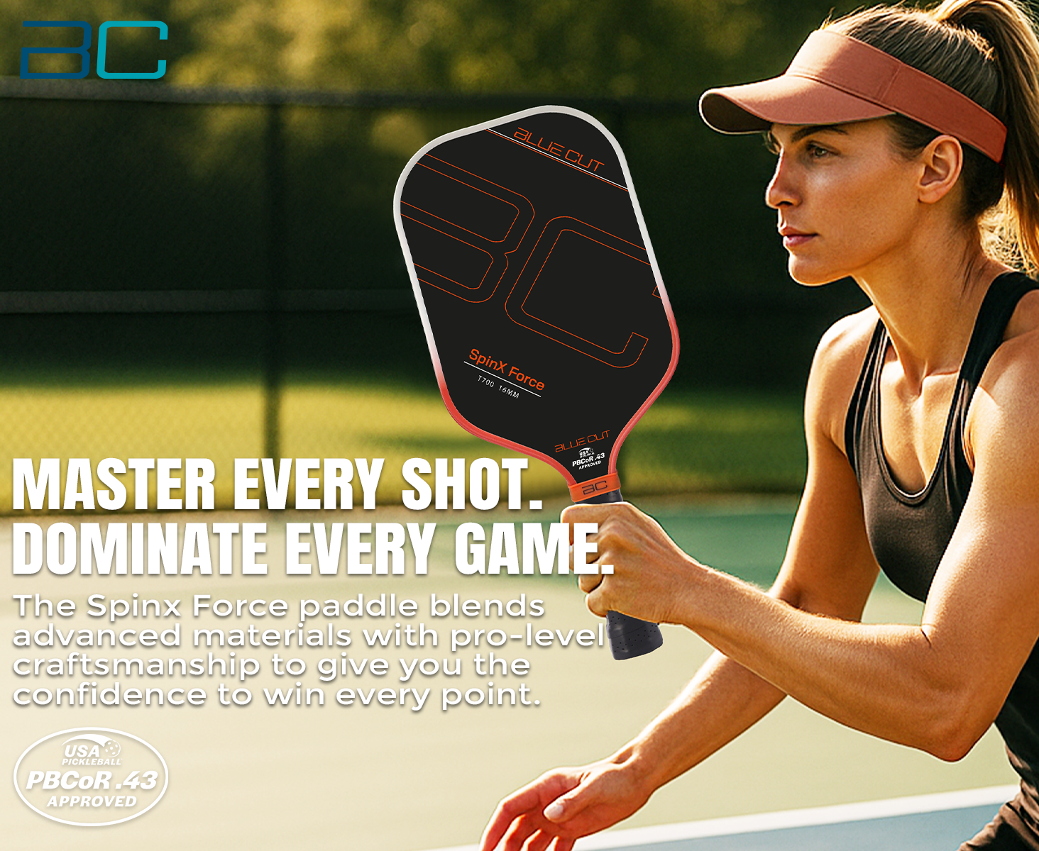 Woman holding a Spinix Force paddle on a tennis court with promotional text.