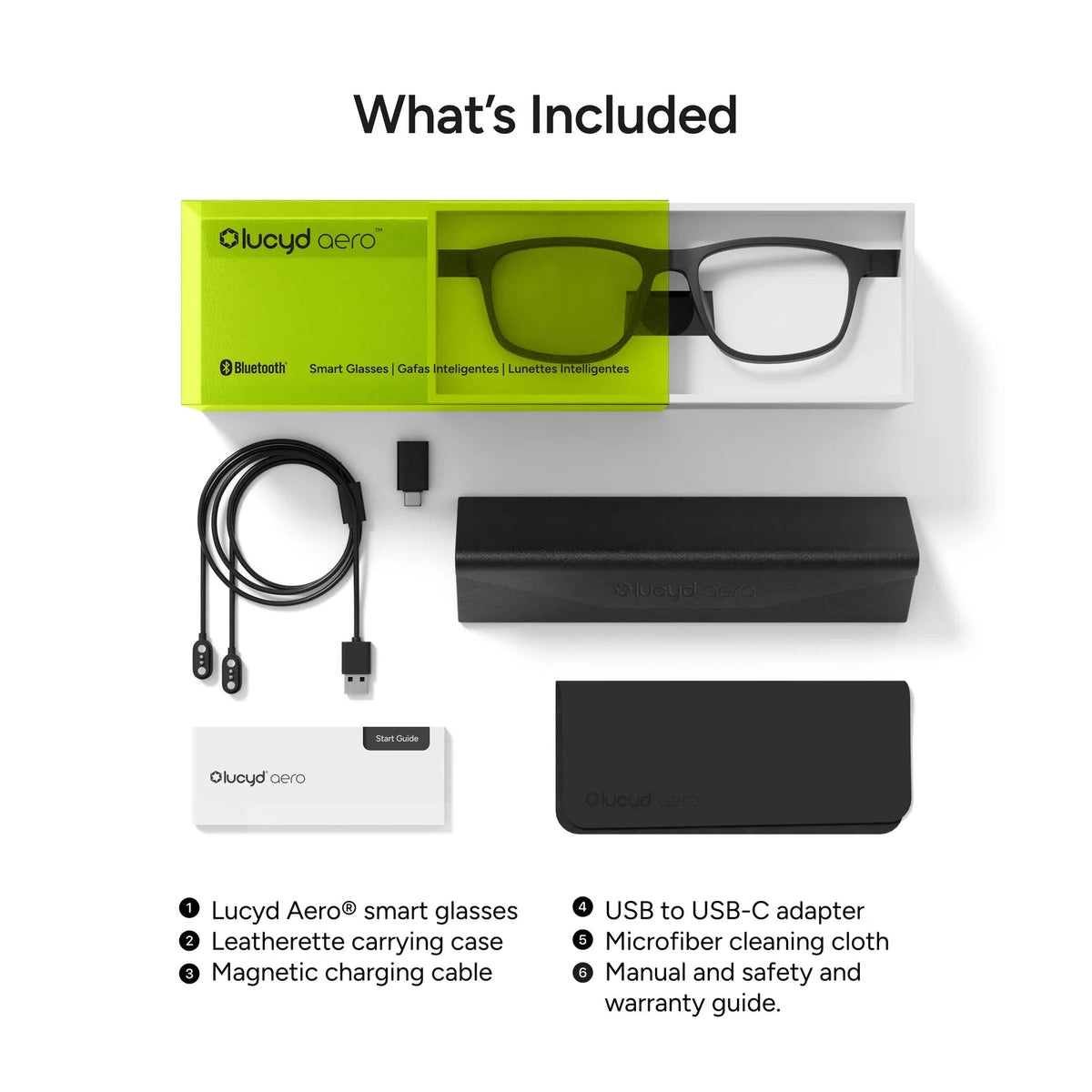 Lucyd AERO Phantom glasses and included accessories