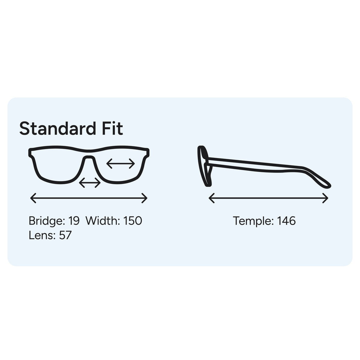 Phantom Standard dimensions: 57 mm lens, 19 mm bridge, 146 mm temple and 150 mm frame width