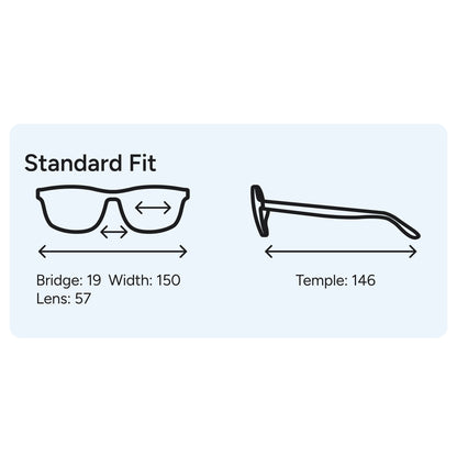 Phantom Standard dimensions: 57 mm lens, 19 mm bridge, 146 mm temple and 150 mm frame width